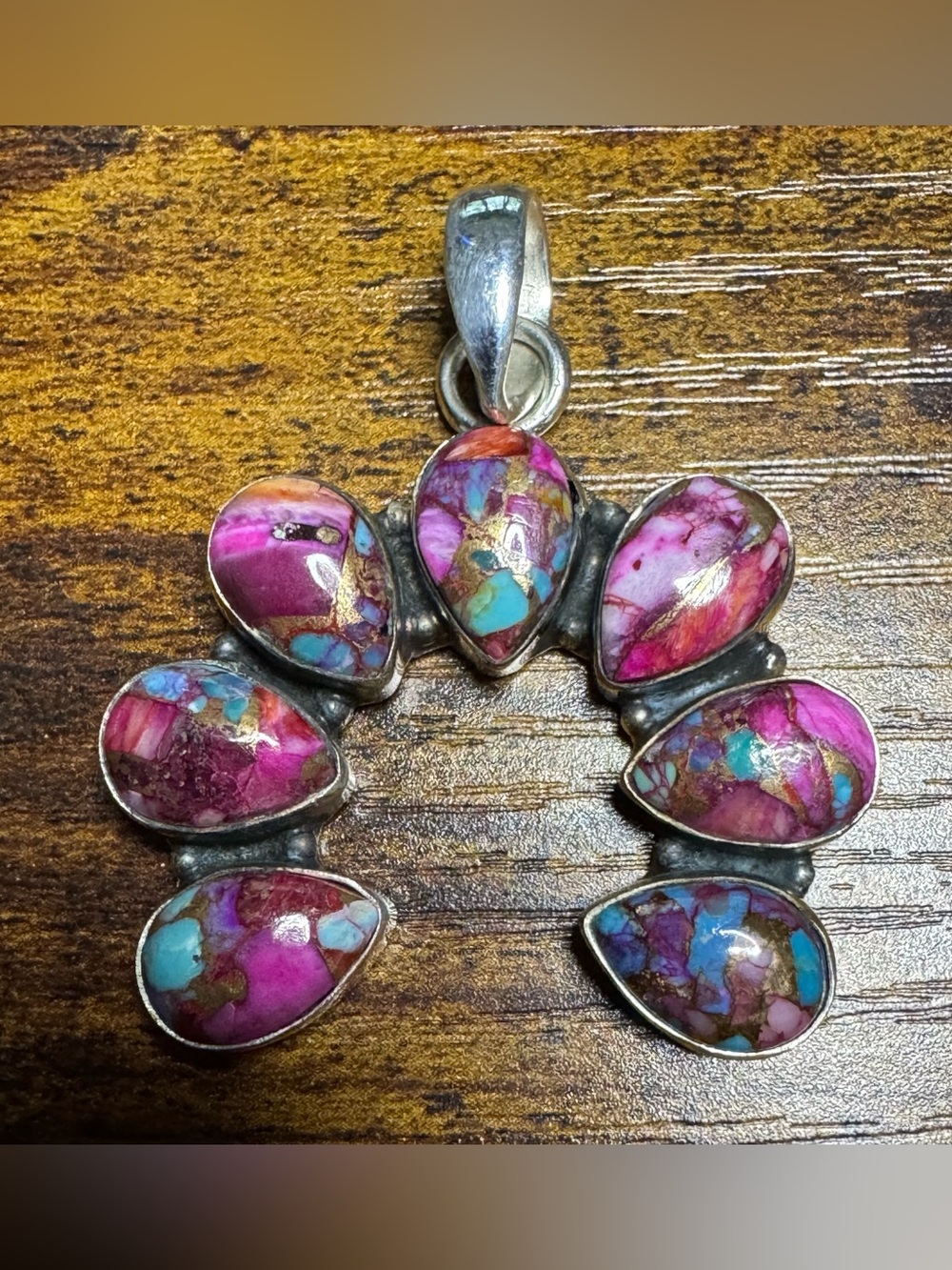 Kingman Pink Dahlia Turquoise Squash Blossom Pendant set in 925 Sterling Silver
